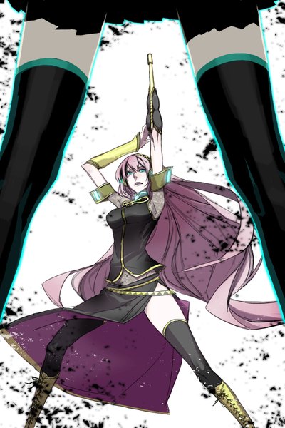 Anime picture 1181x1771 with vocaloid hatsune miku megurine luka miwa shirow long hair tall image multiple girls pink hair very long hair aqua eyes armpit (armpits) parody arm cannon girl thighhighs skirt navel weapon 2 girls detached sleeves