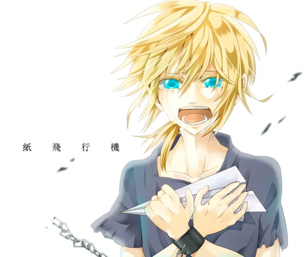 Anime picture 1800x1500 with vocaloid kagamine len kulutaro single long hair looking at viewer fringe highres open mouth simple background blonde hair hair between eyes white background aqua eyes wind tears text torn clothes crossed arms crying
