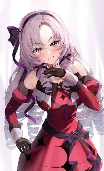 Anime picture 1200x1985 with virtual youtuber nijisanji hyakumantenbara salome hyakumantenbara salome (1st costume) shuvi (shuvi1125) single long hair tall image looking at viewer blush smile purple eyes purple hair head tilt grin drill hair girl dress gloves detached sleeves