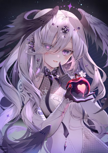 Anime picture 1158x1637 with original kouyafu single long hair tall image blush fringe open mouth purple eyes holding silver hair upper body nail polish fingernails light smile hair over one eye piercing covered navel symbol-shaped pupils ear piercing