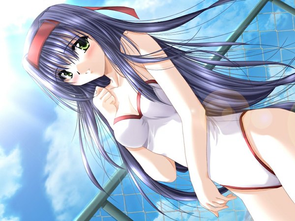 Anime picture 1024x768 with izumo (game) yamamoto kazue light erotic green eyes blue hair game cg girl swimsuit
