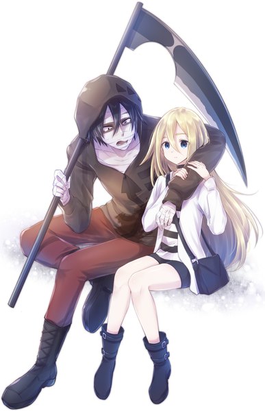 Anime picture 2680x4152 with satsuriku no tenshi ray (satsuriku no tenshi) zack (satsuriku no tenshi) nyaa (nnekoron) long hair tall image fringe highres short hair blue eyes black hair simple background blonde hair hair between eyes white background sitting full body expressionless girl boy