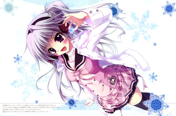 Anime picture 3405x2237 with izumi tsubasu single long hair blush highres open mouth smile purple eyes absurdres silver hair :d from above scan dutch angle girl thighhighs dress black thighhighs hairband headphones