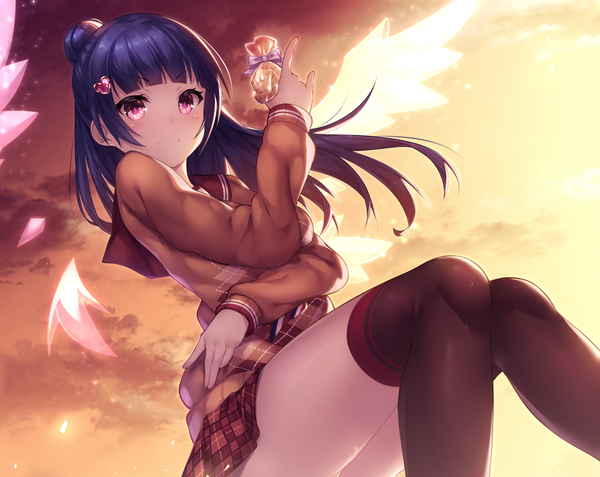 Anime picture 1674x1331 with love live! sunshine!! sunrise (studio) love live! tsushima yoshiko kyouou ena single long hair looking at viewer blush fringe light erotic purple eyes holding blue hair sky cloud (clouds) bent knee (knees) outdoors blunt bangs light smile