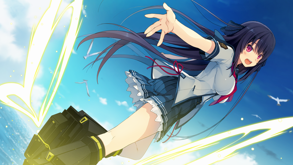 Anime picture 1280x720 with ao no kanata no four rhythm sprite (company) tobisawa misaki akinashi yuu single long hair looking at viewer blush fringe breasts open mouth black hair wide image large breasts purple eyes game cg sky cloud (clouds) outdoors pleated skirt
