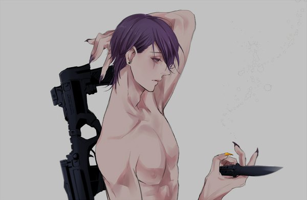 Anime picture 1026x667 with lucky dog giulio di bondone komichi96 single short hair light erotic simple background purple eyes holding looking away purple hair upper body nail polish profile grey background topless arm behind head boy weapon gun