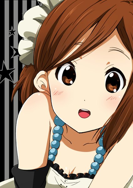 Anime picture 800x1131 with k-on! kyoto animation hirasawa yui ragho no erika single tall image looking at viewer blush short hair open mouth brown hair bare shoulders brown eyes girl dress