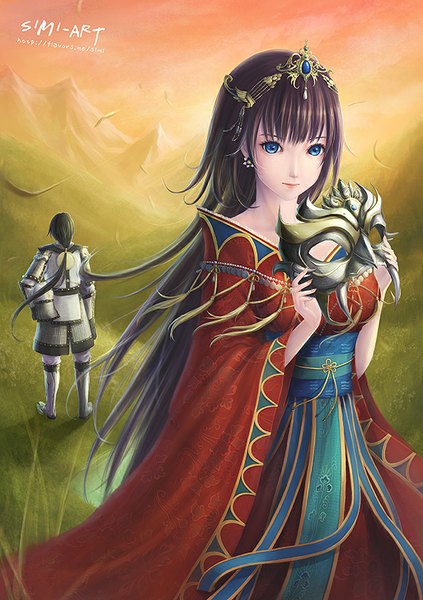 Anime picture 595x842 with original simi long hair tall image fringe blue eyes black hair brown hair holding light smile from behind sunlight alternate costume back mountain girl boy hair ornament plant (plants) earrings