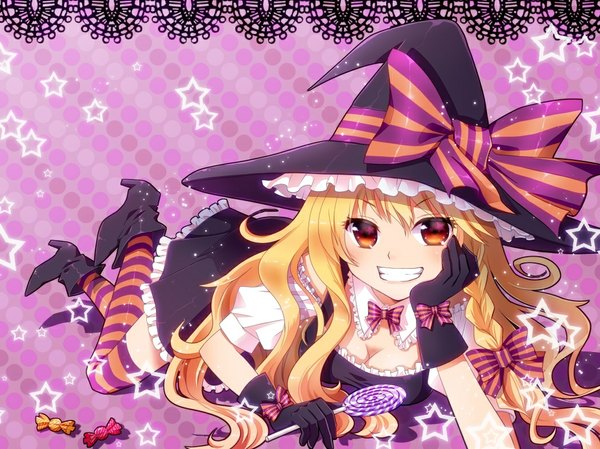 Anime picture 1050x787 with touhou kirisame marisa nunucco single long hair looking at viewer blonde hair smile orange eyes halloween witch chin rest girl thighhighs gloves bow food sweets star (symbol) witch hat