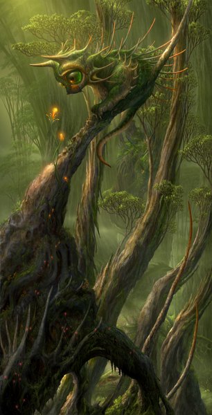 Anime picture 1024x2005 with original ucchiey tall image green eyes horn (horns) fantasy flower (flowers) plant (plants) animal tree (trees) forest dragon
