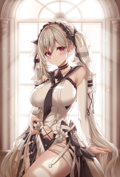 Anime picture 2000x2944 with azur lane formidable (azur lane) formidable (timeless classics) (azur lane) bratja single tall image looking at viewer blush fringe highres breasts light erotic hair between eyes red eyes large breasts standing twintails silver hair indoors very long hair