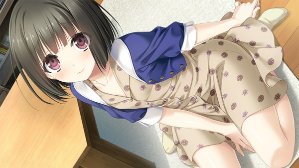 Anime picture 1280x720 with haru kiss giga seto konomi marui (koedame) single looking at viewer blush fringe short hair brown hair wide image sitting purple eyes game cg from above no shoes wariza looking up girl dress