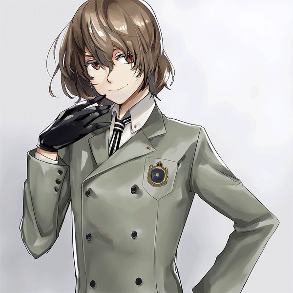 Anime picture 842x842 with persona 5 persona akechi gorou houhou (black lack) single looking at viewer fringe short hair simple background smile hair between eyes red eyes brown hair upper body grey background striped boy gloves black gloves necktie