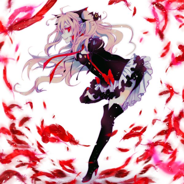 Anime picture 1050x1050 with owari no seraph wit studio kururu tepes arukanu hitohana single long hair looking at viewer simple background blonde hair smile red eyes white background profile high heels dress bow boots frills thigh boots