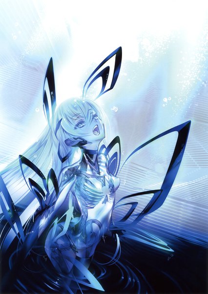 Anime picture 2342x3300 with original eshi 100-nin ten choco single long hair tall image looking at viewer fringe highres open mouth blue eyes light erotic hair between eyes blue hair from above scan skeleton girl