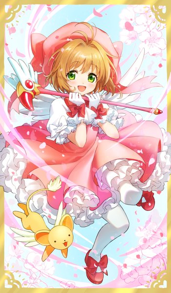 Anime picture 723x1239 with card captor sakura clamp kinomoto sakura kero (cardcaptor sakura) sakuro single tall image short hair open mouth brown hair green eyes full body ahoge :d cherry blossoms border girl gloves hat petals