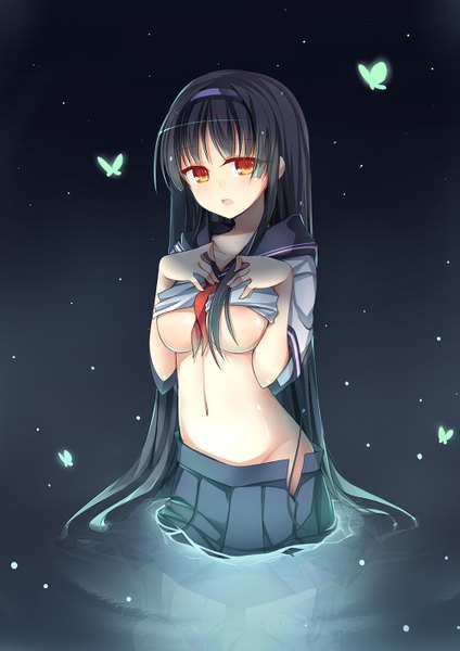 Anime picture 1000x1414 with original amemiya ruki single long hair tall image breasts open mouth light erotic black hair red eyes midriff girl skirt navel serafuku insect butterfly