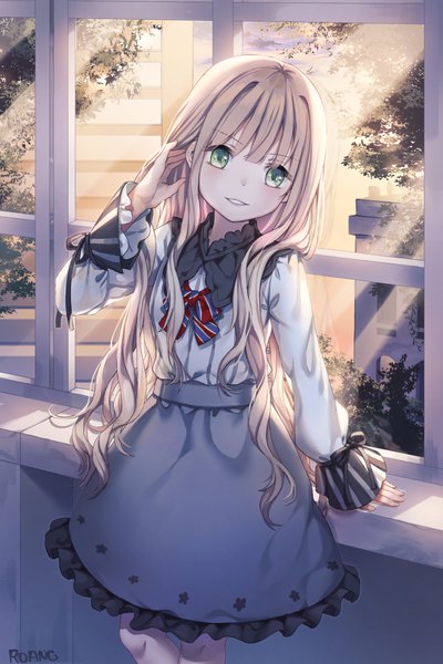 Anime picture 700x1050 with original roang single long hair tall image looking at viewer blush fringe blonde hair standing green eyes signed indoors blunt bangs long sleeves parted lips head tilt light smile sunlight adjusting hair