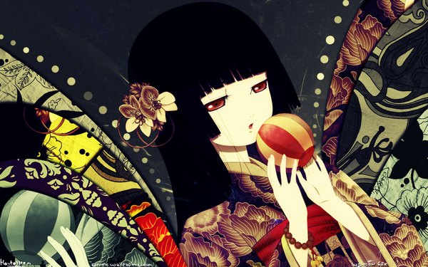 Anime picture 1920x1200 with hell girl studio deen enma ai single long hair fringe highres open mouth black hair red eyes wide image traditional clothes japanese clothes floral print girl hair ornament bracelet kimono ball paper balloon