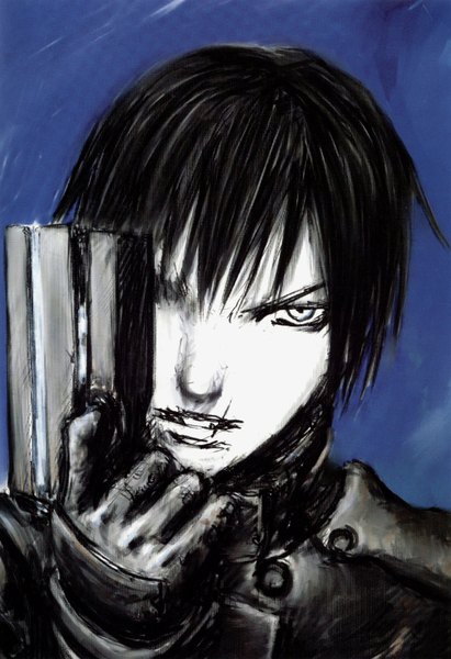 Anime picture 1116x1626 with blame! killy nihei tsutomu single tall image short hair black hair simple background boy weapon gun