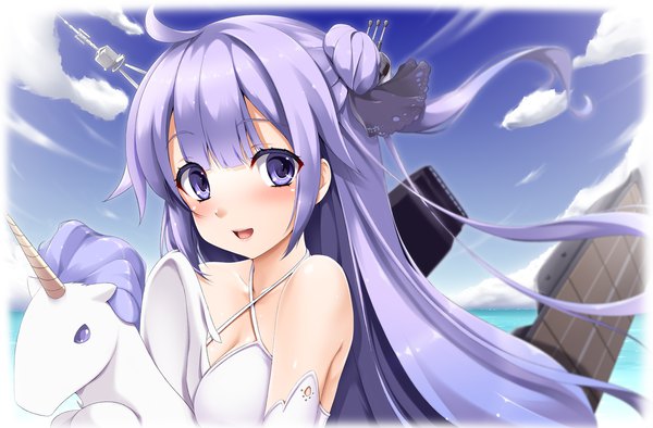 Anime picture 2000x1314 with azur lane unicorn (azur lane) toranoo single long hair looking at viewer blush highres open mouth purple eyes payot sky purple hair cloud (clouds) upper body ahoge :d hair bun (hair buns) one side up girl