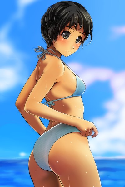 Anime picture 800x1200 with original matsunaga kouyou single tall image looking at viewer blush fringe short hair light erotic black hair standing sky cloud (clouds) ass outdoors looking back light smile black eyes girl swimsuit