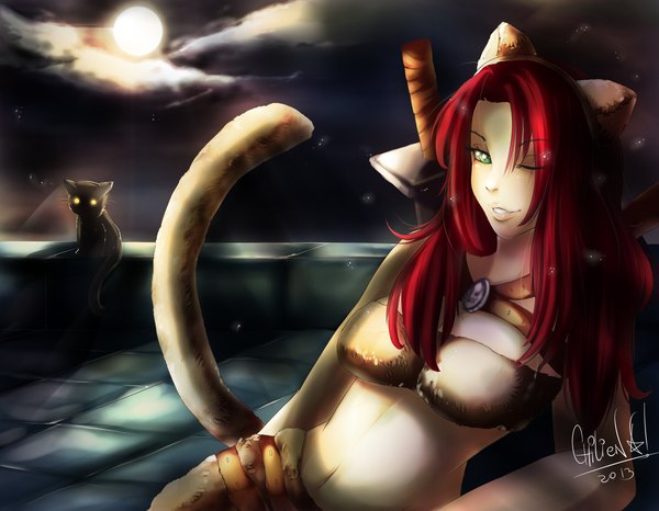 Anime picture 1800x1400 with league of legends katarina (league of legends) chilienn (artist) single long hair looking at viewer highres green eyes signed animal ears cloud (clouds) red hair tail animal tail one eye closed wink cat ears night midriff cat tail