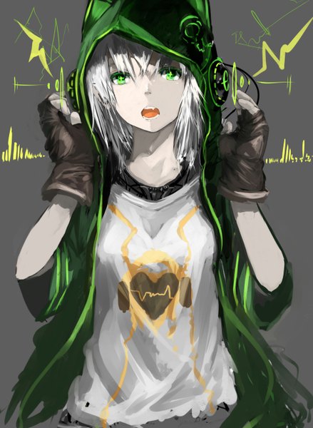 Anime picture 1912x2615 with original hoshino shun single tall image looking at viewer fringe highres short hair open mouth simple background hair between eyes green eyes upper body white hair grey background open jacket teeth symbol-shaped pupils + + heart print