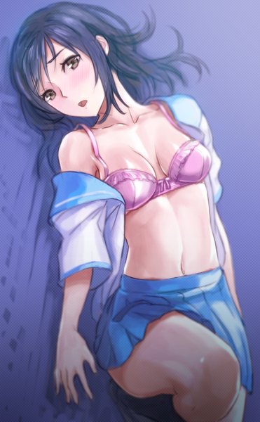 Anime picture 927x1500 with strike the blood himeragi yukina utu (pixiv 70372) single long hair tall image looking at viewer blush breasts open mouth light erotic black hair brown eyes lying on back girl skirt navel uniform school uniform