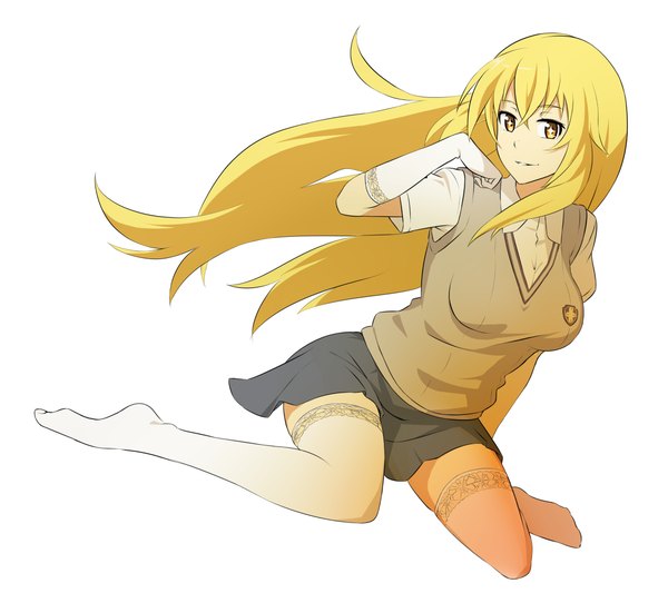 Anime picture 1160x1032 with to aru kagaku no railgun j.c. staff shokuhou misaki jack-barro single long hair looking at viewer fringe breasts simple background blonde hair smile hair between eyes white background sitting full body pleated skirt arm support short sleeves dutch angle