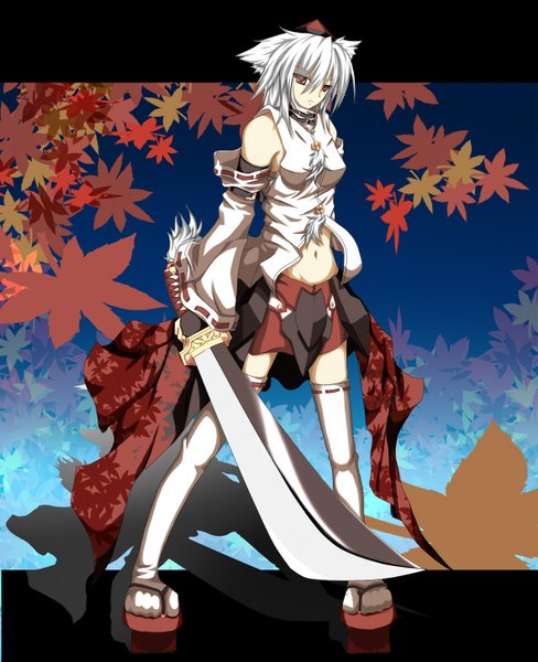 Anime picture 1179x1450 with touhou inubashiri momiji misakura setsu single tall image looking at viewer fringe short hair red eyes standing bare shoulders animal ears white hair tail animal tail wide sleeves wolf ears wolf tail girl thighhighs