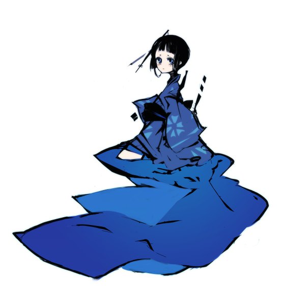 Anime picture 1161x1262 with original kiku (kicdoc) single tall image looking at viewer short hair blue eyes black hair simple background white background sitting traditional clothes japanese clothes turning head girl hair ornament kimono obi