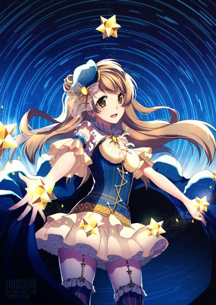 Anime picture 700x990 with love live! school idol project sunrise (studio) love live! minami kotori rosuuri single long hair tall image looking at viewer fringe open mouth smile brown hair standing yellow eyes spread arms underbust girl thighhighs detached sleeves
