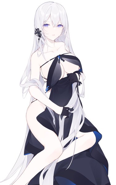 Anime picture 2264x3600 with original miyuki (miyuki0529) single tall image looking at viewer fringe highres breasts light erotic simple background hair between eyes large breasts white background sitting purple eyes bare shoulders payot cleavage silver hair bent knee (knees)