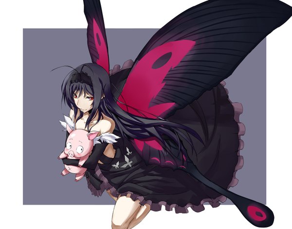 Anime picture 1523x1200 with accel world sunrise (studio) kuroyukihime arita haruyuki tsuuhan long hair looking at viewer fringe black hair smile red eyes bare shoulders bent knee (knees) hug white wings insect wings butterfly wings girl dress gloves