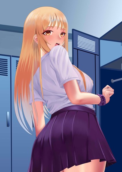Anime picture 2482x3508 with sakura-sou no pet na kanojo j.c. staff shiina mashiro ronikx art single long hair tall image looking at viewer blush highres breasts open mouth blonde hair large breasts standing yellow eyes looking back from behind wrist scrunchie locker room