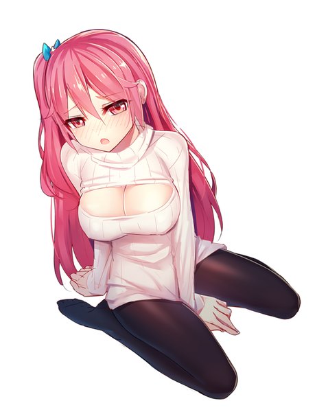 Anime picture 616x800 with original emily stock ririko (zhuoyandesailaer) single long hair tall image looking at viewer blush fringe breasts open mouth light erotic simple background hair between eyes large breasts white background sitting pink hair :d pink eyes