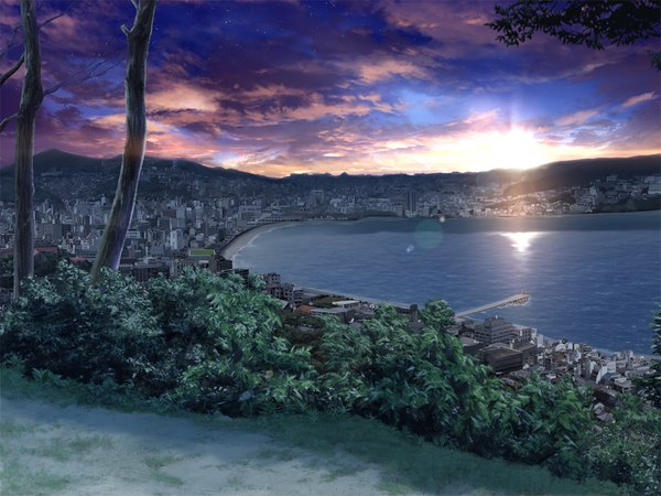 Anime picture 1024x768 with lovely x cation 2 hibiki works game cg sky cloud (clouds) city evening sunset landscape plant (plants) tree (trees) sea