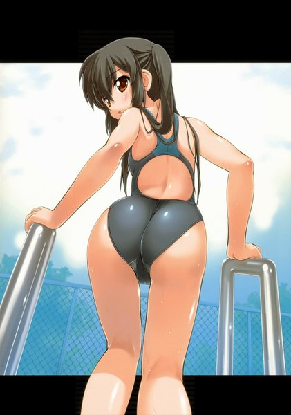 Anime picture 1200x1710 with original single long hair tall image blush open mouth light erotic brown hair twintails brown eyes sky ass looking back girl swimsuit stairs