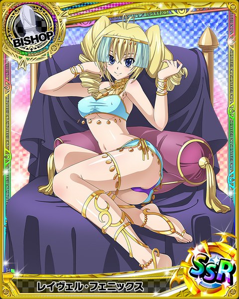 Anime picture 640x800 with highschool dxd ravel phenex single long hair tall image breasts blue eyes light erotic blonde hair smile twintails barefoot bare belly armpit (armpits) midriff legs sleeveless drill hair card (medium) reclining