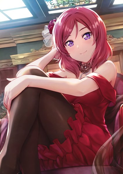 Anime picture 2496x3526 with love live! school idol project sunrise (studio) love live! nishikino maki shamakho single tall image looking at viewer blush fringe highres short hair breasts smile sitting purple eyes bare shoulders payot red hair indoors