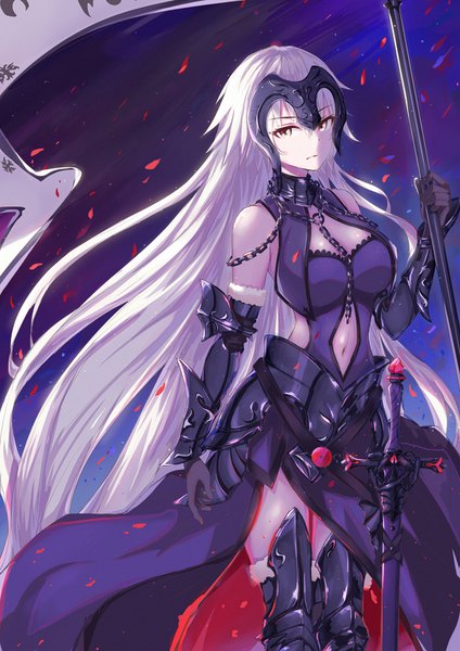 Anime picture 1100x1556 with fate (series) fate/grand order jeanne d'arc (fate) (all) jeanne d'arc alter (fate) jeanne d'arc alter (avenger) (third ascension) (fate) tenmoon single tall image looking at viewer fringe breasts hair between eyes standing holding yellow eyes cleavage silver hair very long hair wind fur trim
