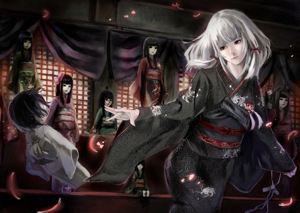 Anime picture 1200x854 with fatal frame fatal frame 5 shiragiku (fatal frame) ry-poipoi single long hair fringe short hair black hair red eyes standing sitting twintails payot looking away white hair indoors blunt bangs traditional clothes head tilt