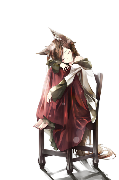 Anime picture 988x1500 with touhou imaizumi kagerou gorilla (bun0615) single tall image blush simple background smile brown hair white background animal ears full body tail eyes closed long sleeves very long hair nail polish head tilt animal tail barefoot
