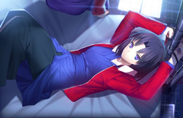 Anime picture 1665x1080 with kara no kyoukai type-moon ryougi shiki hullabaloo looking at viewer short hair blue eyes black hair sitting sunlight open clothes arms up on back multicolored eyes girl window handcuffs