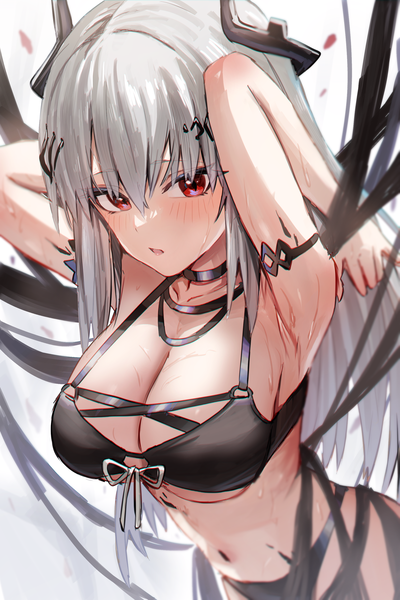Anime picture 2000x3000 with arknights mudrock (arknights) mudrock (silent night) (arknights) horn/wood single long hair tall image blush fringe highres breasts open mouth light erotic simple background hair between eyes red eyes large breasts standing white background cleavage