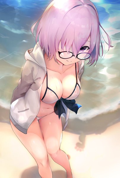 Anime picture 1378x2039 with fate (series) fate/grand order mash kyrielight sekisei single tall image looking at viewer blush fringe short hair breasts light erotic large breasts purple eyes purple hair from above light smile hair over one eye shadow wet