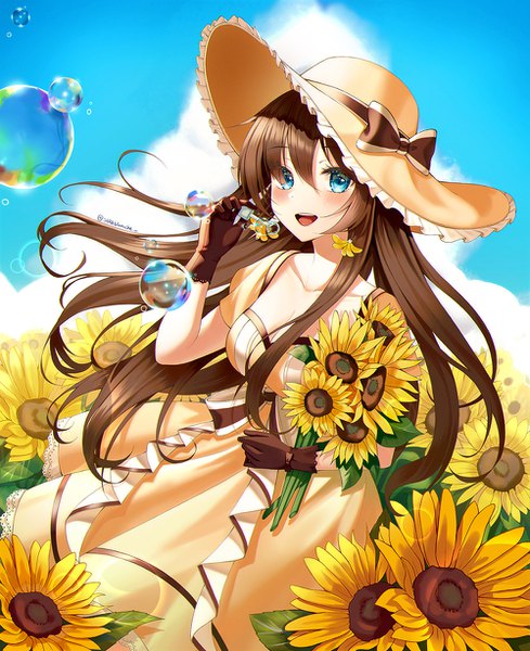 Anime picture 1000x1228 with original eunji0093 single long hair tall image looking at viewer blush fringe breasts open mouth blue eyes smile brown hair standing holding signed sky cleavage cloud (clouds) outdoors