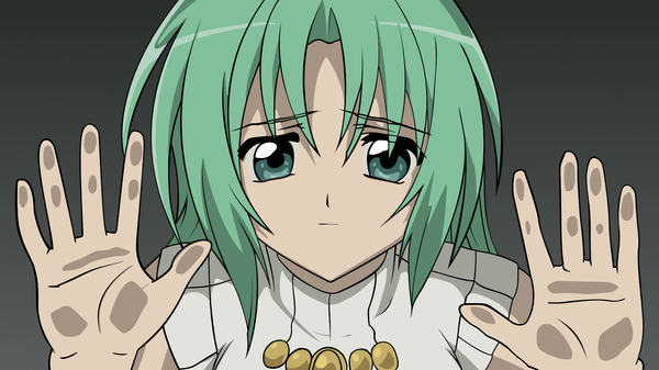 Anime picture 1920x1080 with higurashi no naku koro ni studio deen sonozaki shion single long hair looking at viewer highres simple background wide image green eyes upper body green hair vector against glass girl