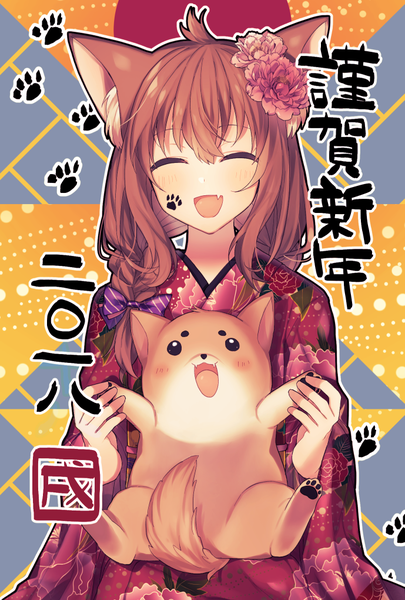 Anime picture 689x1020 with original minamiya mia single long hair tall image fringe open mouth hair between eyes brown hair sitting animal ears braid (braids) eyes closed traditional clothes :d japanese clothes hair flower fang (fangs) twin braids ^ ^